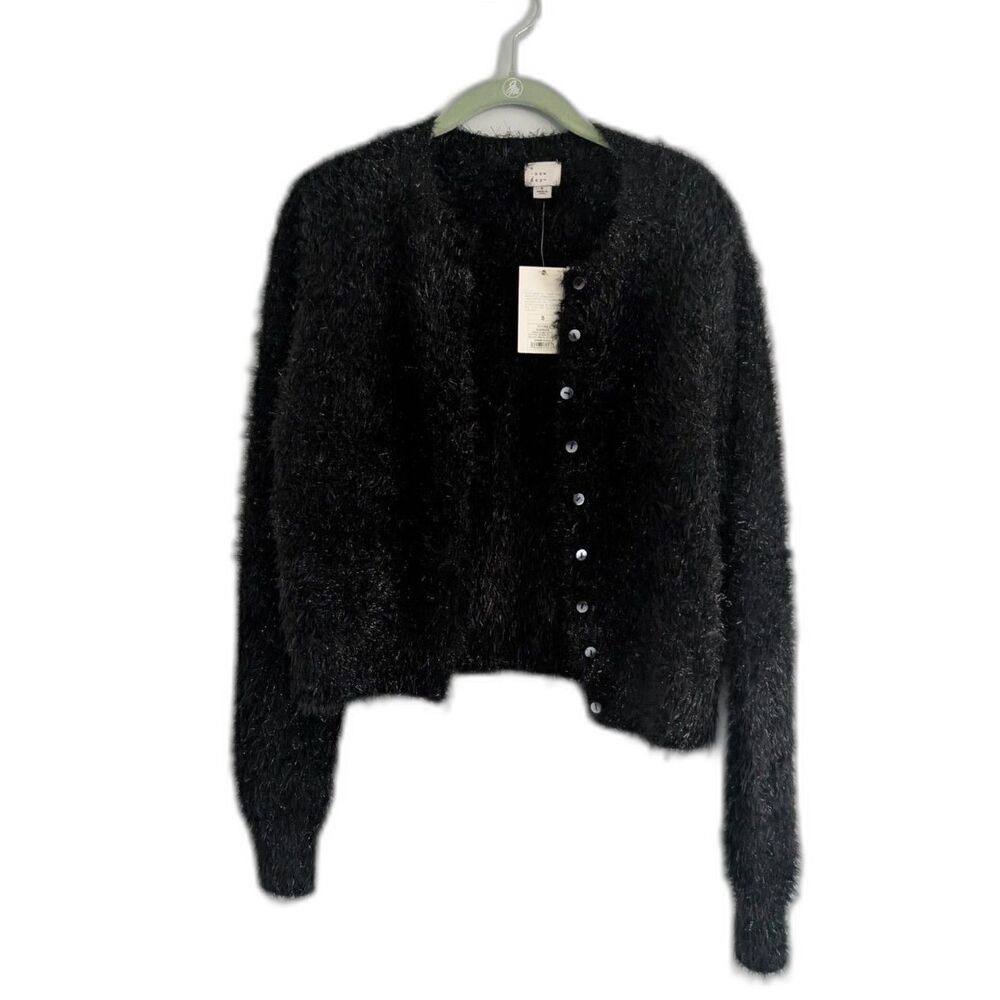 A New Day Black Shaggy Fuzzy Eyelash Knit Cardigan Sweater Size S